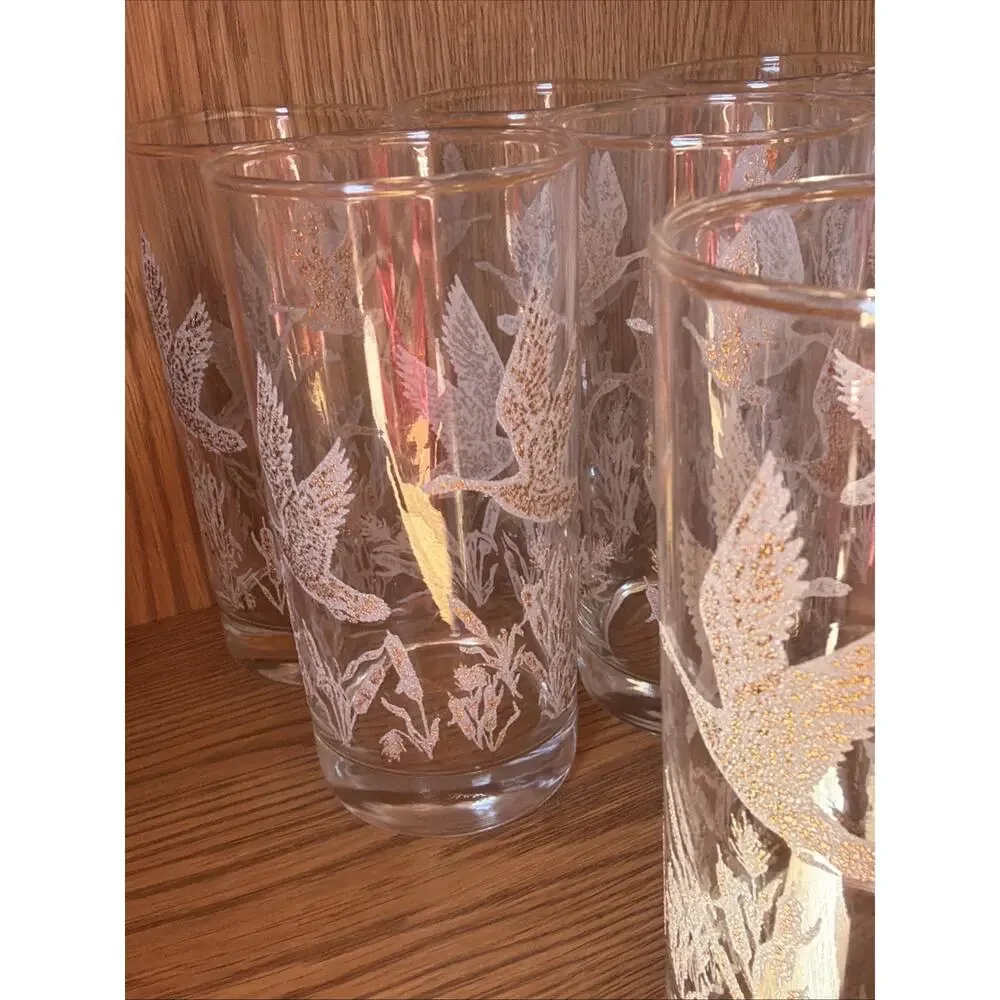 Bartlett Collins Pokee’ 8 Glass Set 22KT Goose Deer/Thistle Pattern‎